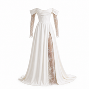 Ivory Off-Shoulder Lace Corset Wedding Gown - Romantic Split Bridal Dress with Sheer Sleeves