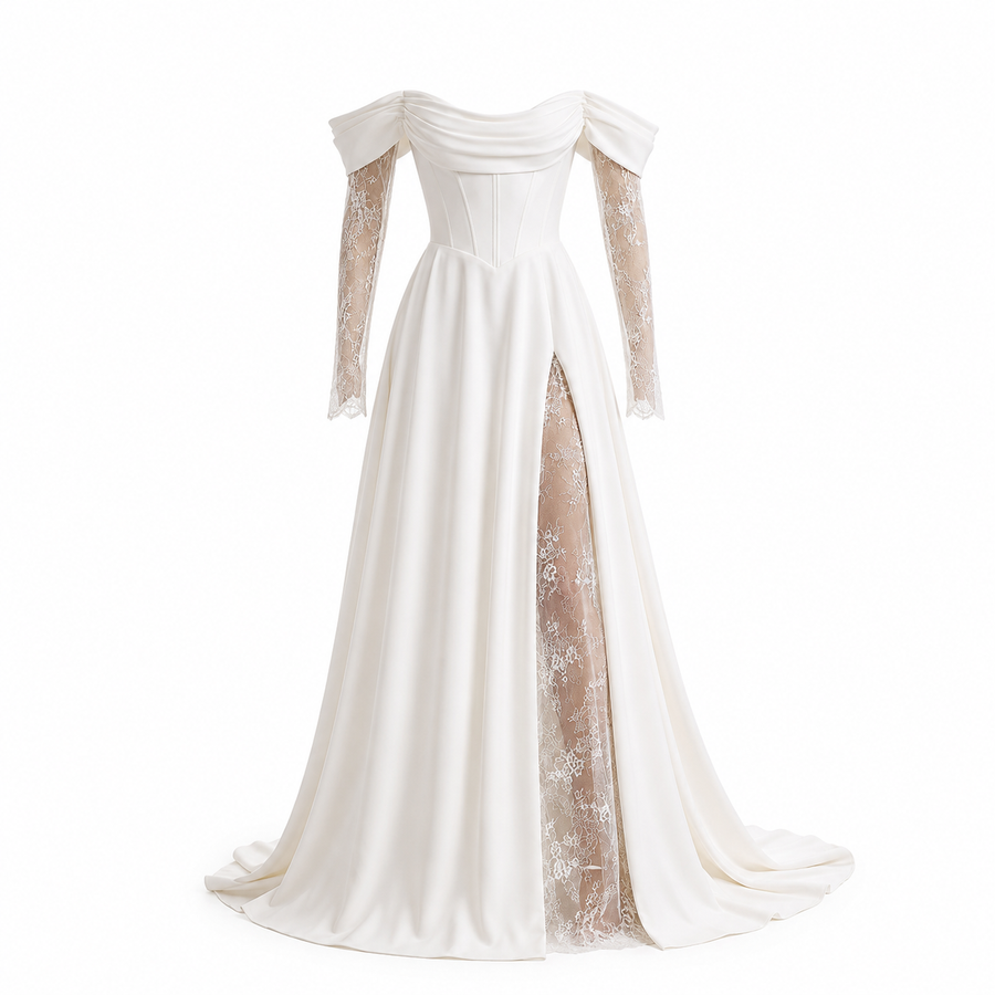 Ivory Off-Shoulder Lace Corset Wedding Gown - Romantic Split Bridal Dress with Sheer Sleeves