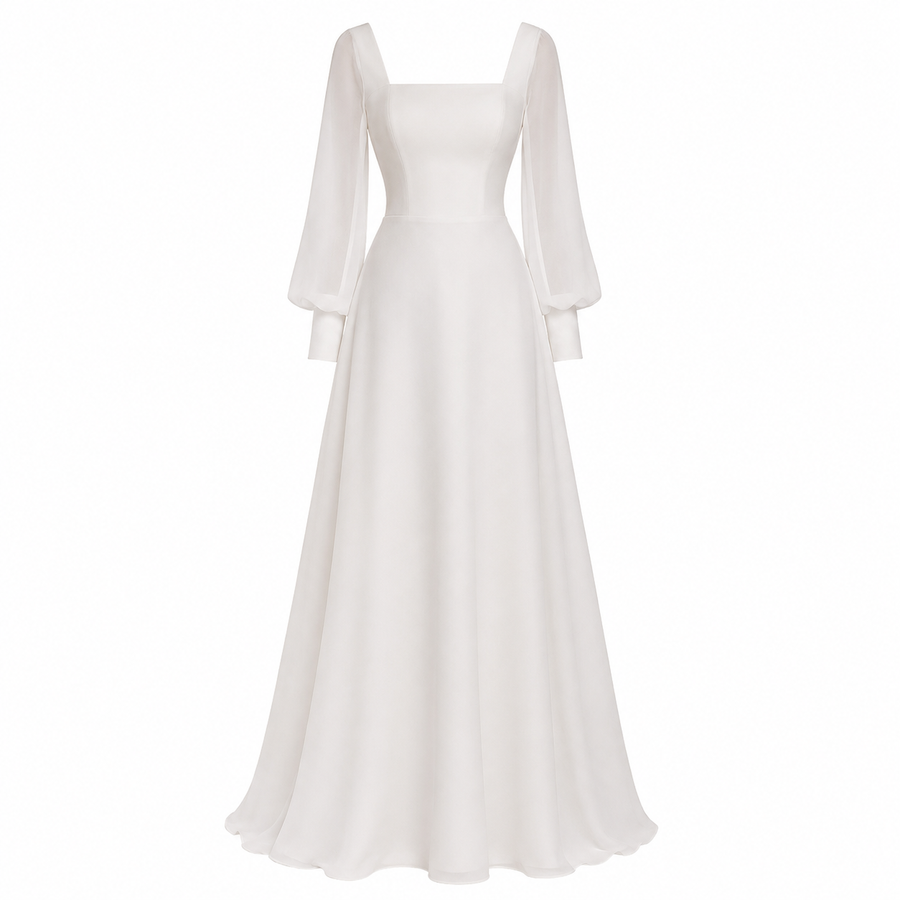 Celestia Whisper Bridal Gown - Minimalist Flowing Long Sleeve Wedding Dress