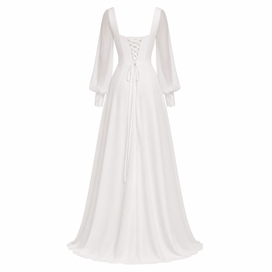 Celestia Whisper Bridal Gown - Minimalist Flowing Long Sleeve Wedding Dress