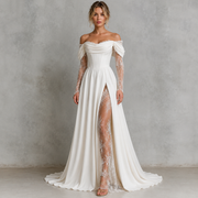 Ivory Off-Shoulder Lace Corset Wedding Gown - Romantic Split Bridal Dress with Sheer Sleeves