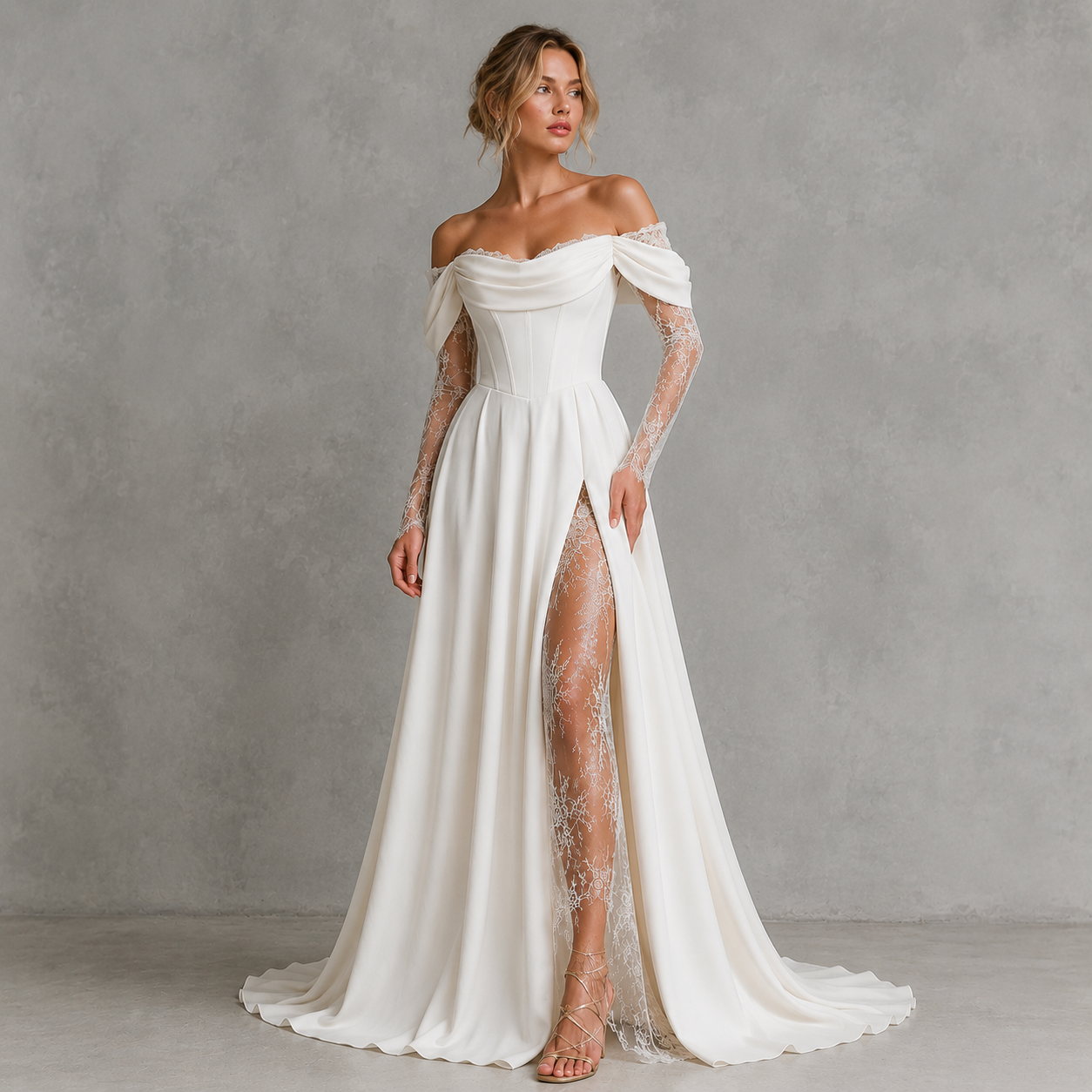 Ivory Off-Shoulder Lace Corset Wedding Gown - Romantic Split Bridal Dress with Sheer Sleeves