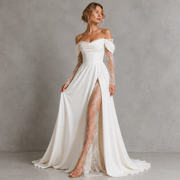 Ivory Off-Shoulder Lace Corset Wedding Gown - Romantic Split Bridal Dress with Sheer Sleeves