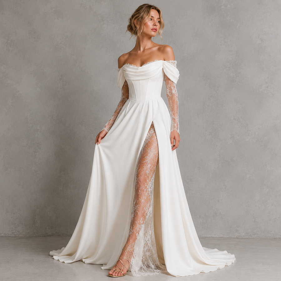 Ivory Off-Shoulder Lace Corset Wedding Gown - Romantic Split Bridal Dress with Sheer Sleeves