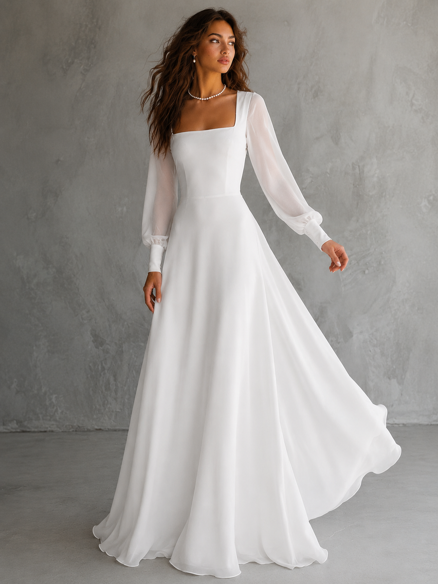 Celestia Whisper Bridal Gown - Minimalist Flowing Long Sleeve Wedding Dress