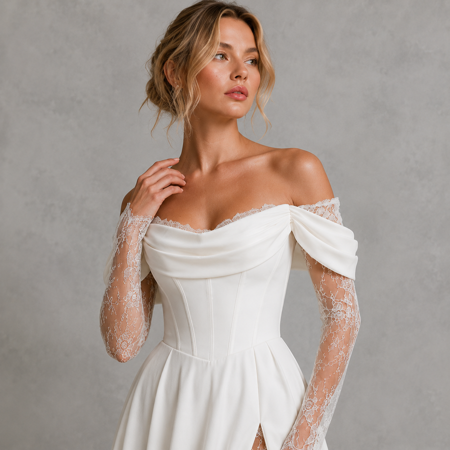 Ivory Off-Shoulder Lace Corset Wedding Gown - Romantic Split Bridal Dress with Sheer Sleeves