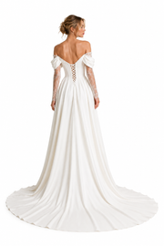 Ivory Off-Shoulder Lace Corset Wedding Gown - Romantic Split Bridal Dress with Sheer Sleeves