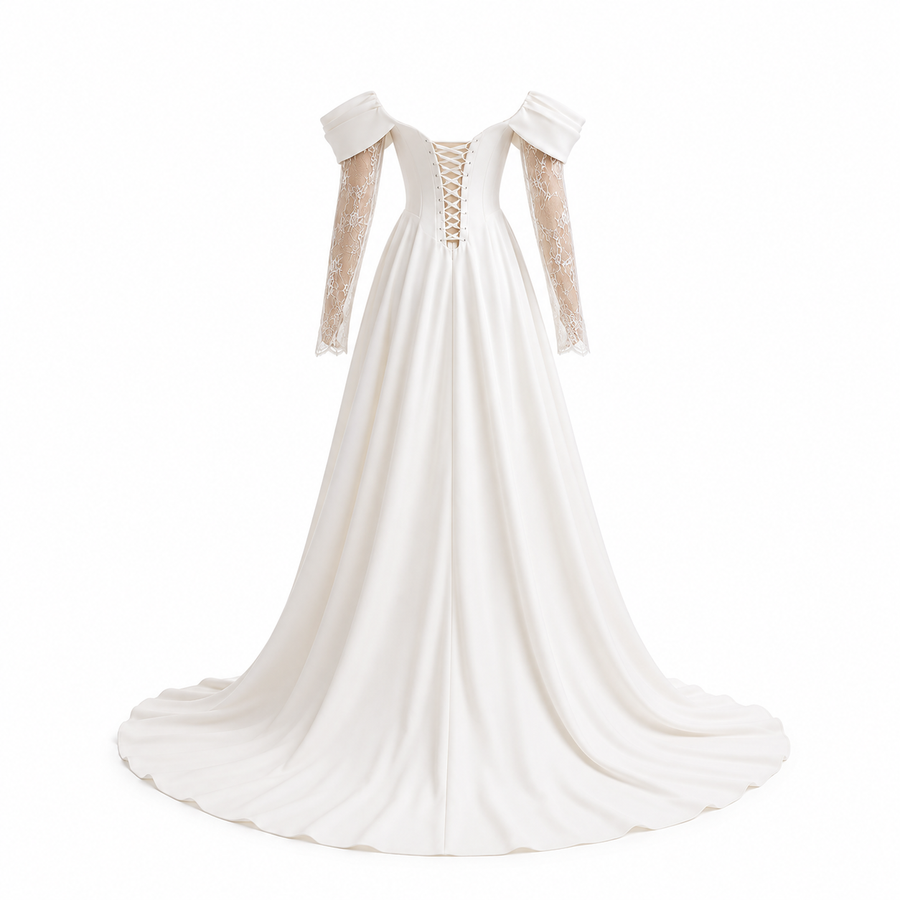 Ivory Off-Shoulder Lace Corset Wedding Gown - Romantic Split Bridal Dress with Sheer Sleeves