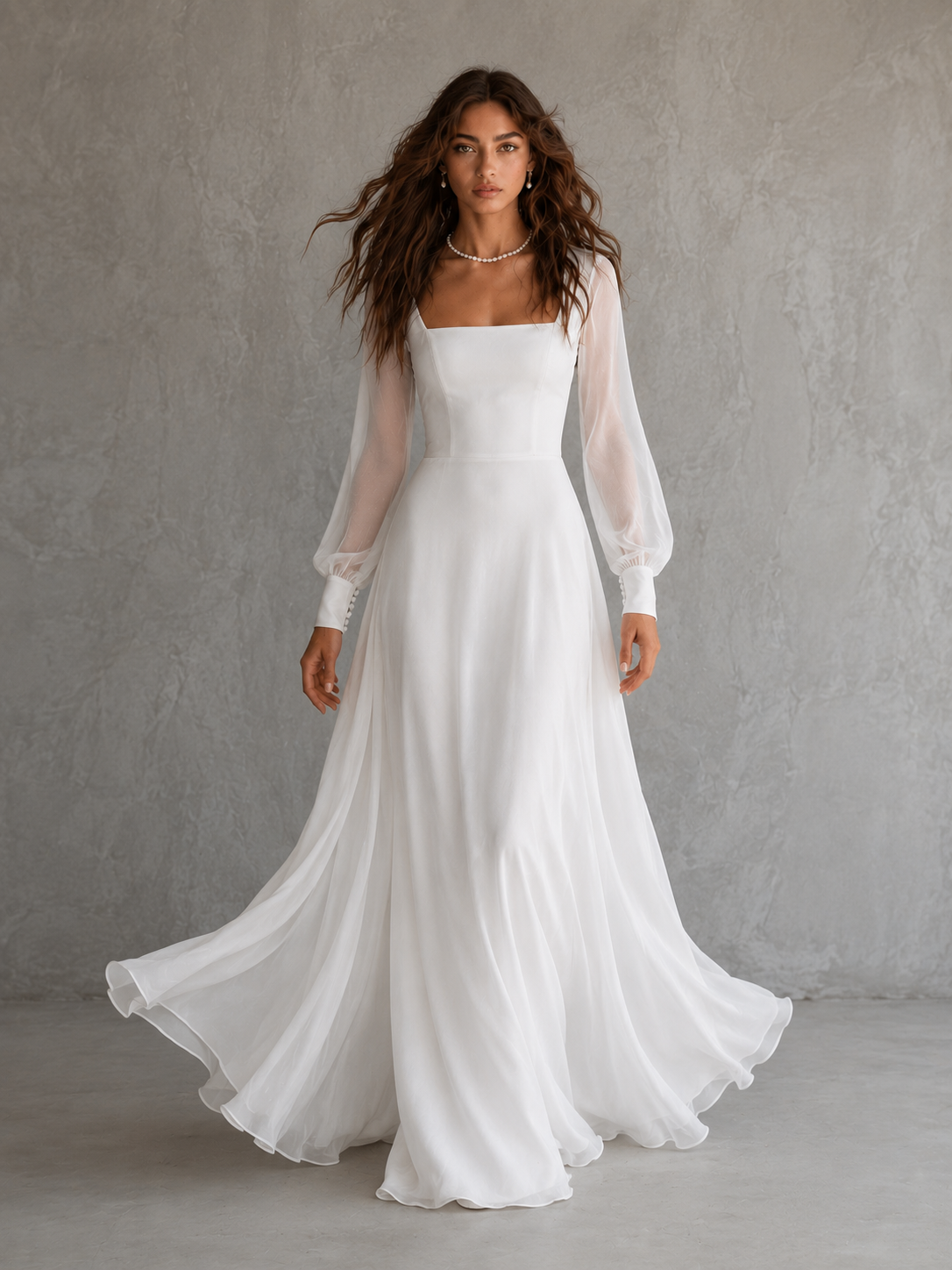 Celestia Whisper Bridal Gown - Minimalist Flowing Long Sleeve Wedding Dress