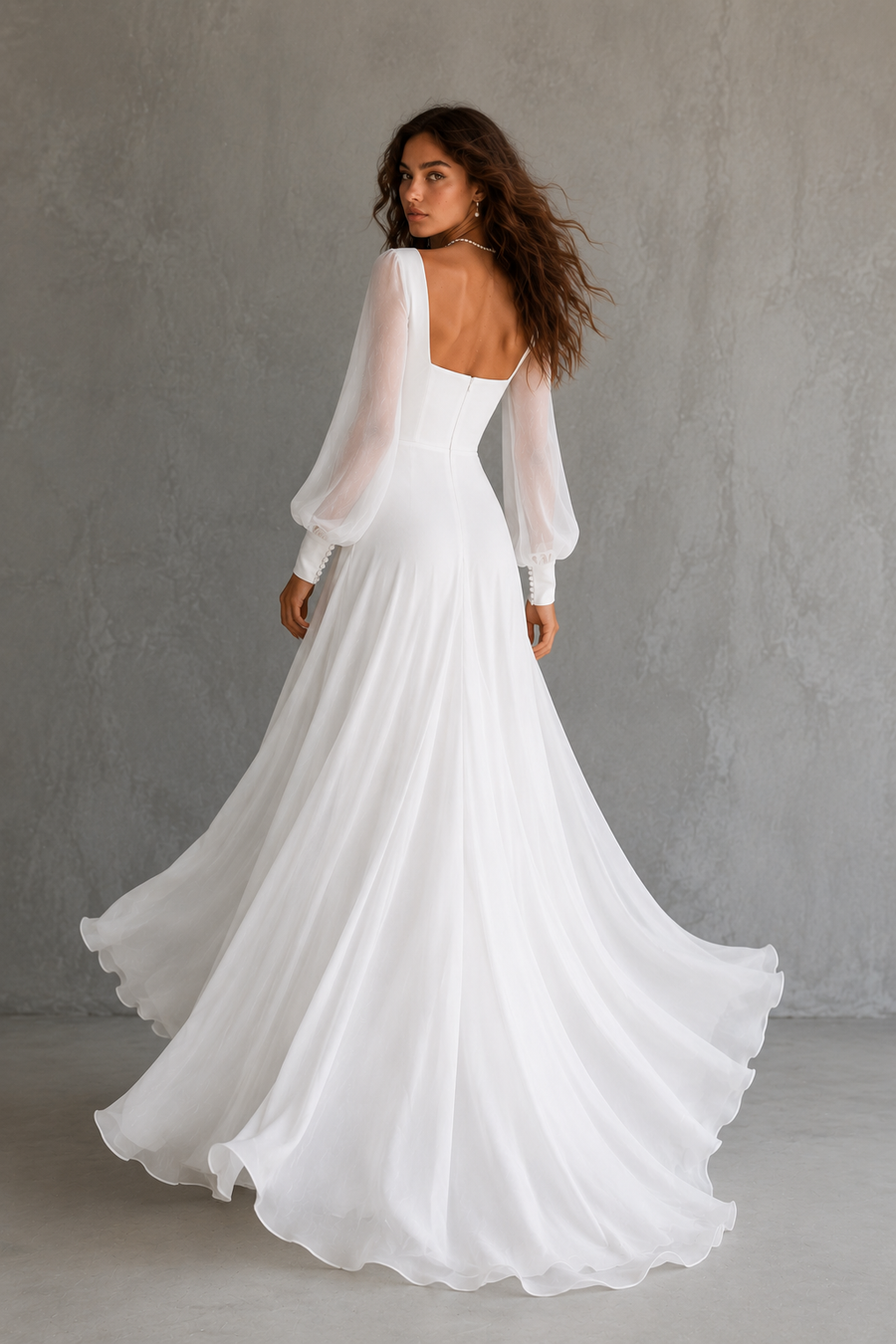 Celestia Whisper Bridal Gown - Minimalist Flowing Long Sleeve Wedding Dress