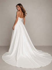 Pearl Satin Strapless Bridal Gown - High Slit Convertible Train Wedding Dress
