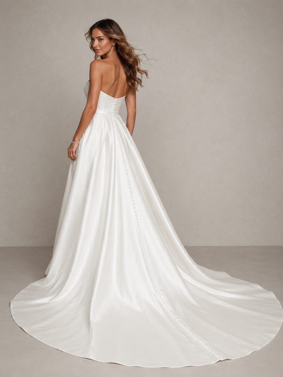 Pearl Satin Strapless Bridal Gown - High Slit Convertible Train Wedding Dress