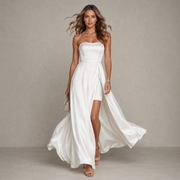 Pearl Satin Strapless Bridal Gown - High Slit Convertible Train Wedding Dress