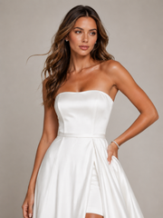 Pearl Satin Strapless Bridal Gown - High Slit Convertible Train Wedding Dress