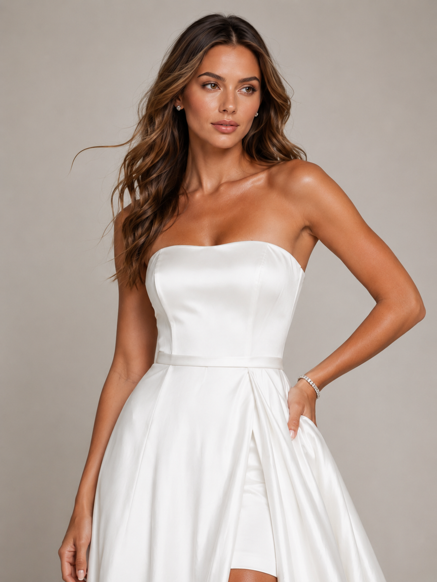 Pearl Satin Strapless Bridal Gown - High Slit Convertible Train Wedding Dress