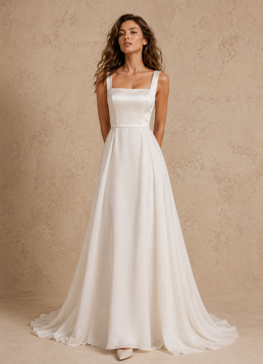 Étoile Lumière Bridal Gown - Minimalist Satin Bodice Chiffon Wedding Dress
