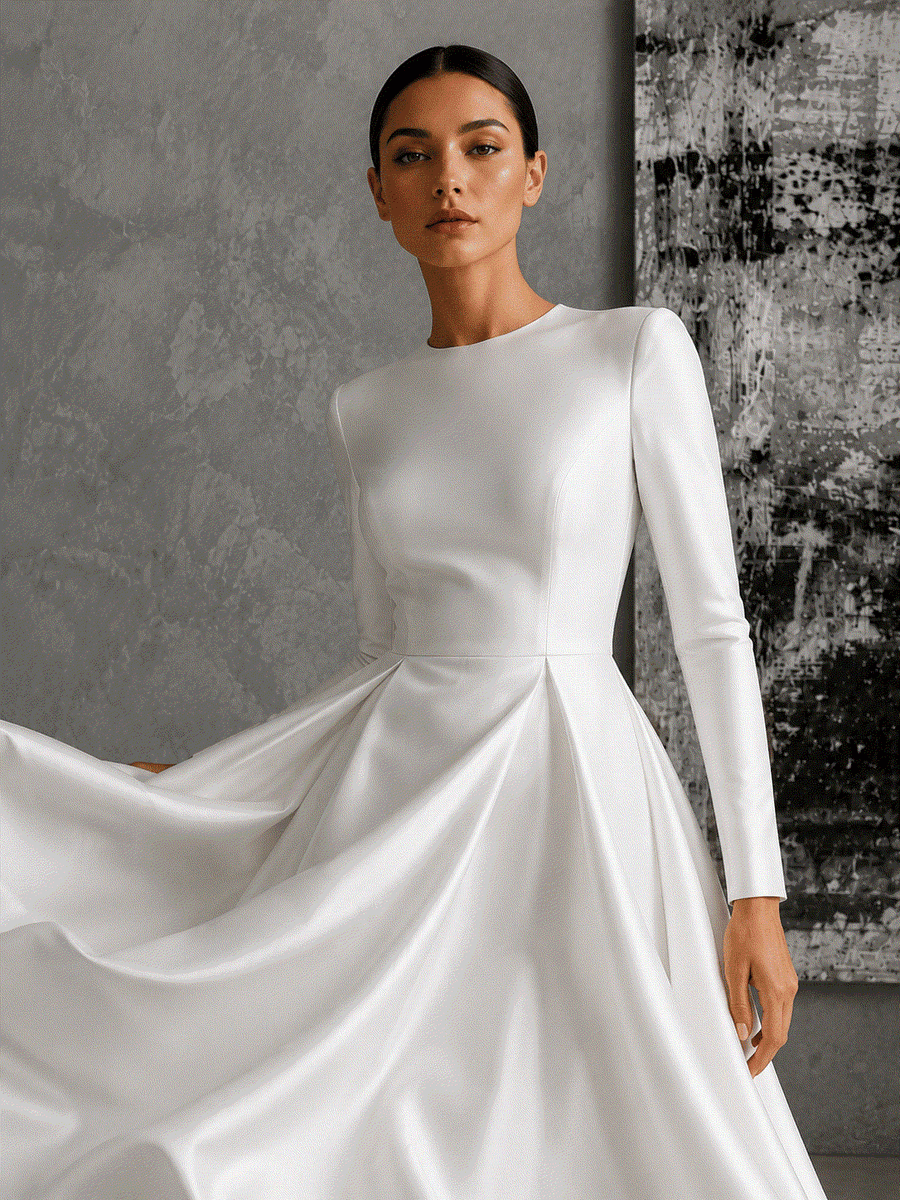 Modest Long Sleeve Satin Wedding Dress | Illusion Back