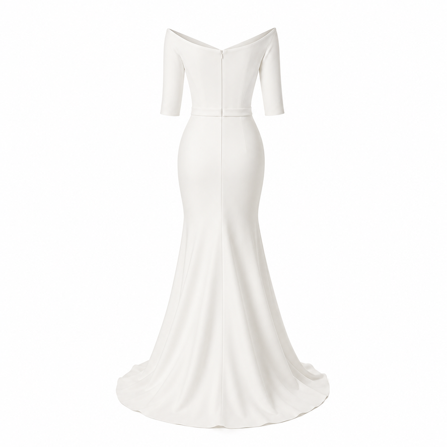 Ivory Off Shoulder Mermaid Wedding Dress - Elegant Sculpted Satin Bridal Gown