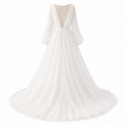 Ethereal Cross Back Chiffon Wedding Gown - Romantic Sheer Sleeve Bridal Maxi Dress