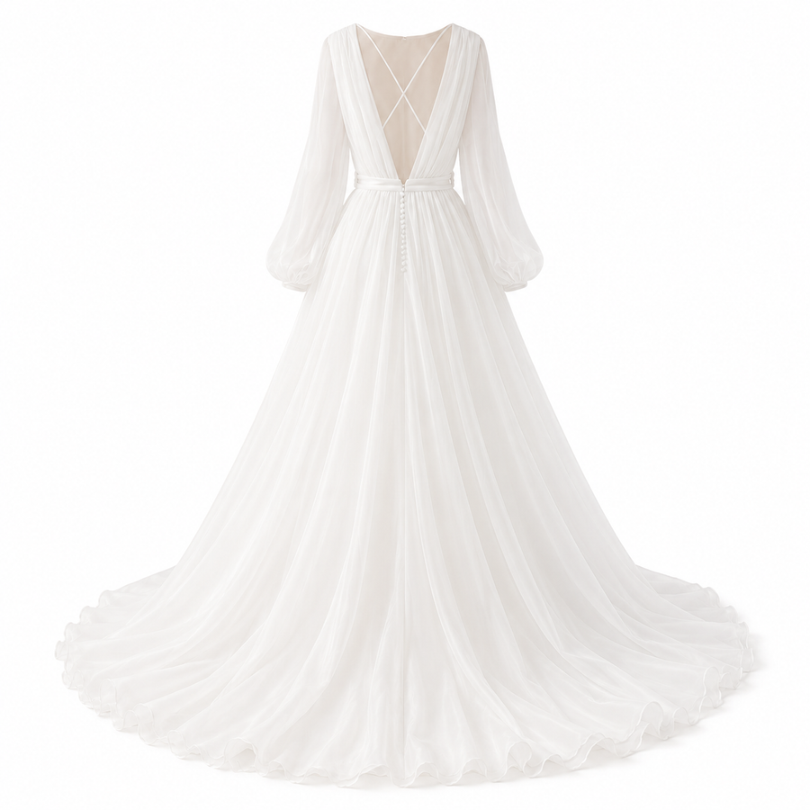 Ethereal Cross Back Chiffon Wedding Gown - Romantic Sheer Sleeve Bridal Maxi Dress