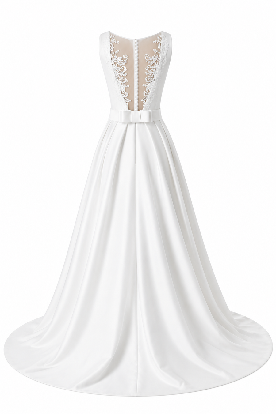 Ethereal Lace Back Bridal Gown - Timeless Satin Elegance with Floating Train