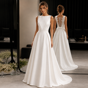Ethereal Lace Back Bridal Gown - Timeless Satin Elegance with Floating Train