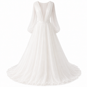 Ethereal Cross Back Chiffon Wedding Gown - Romantic Sheer Sleeve Bridal Maxi Dress