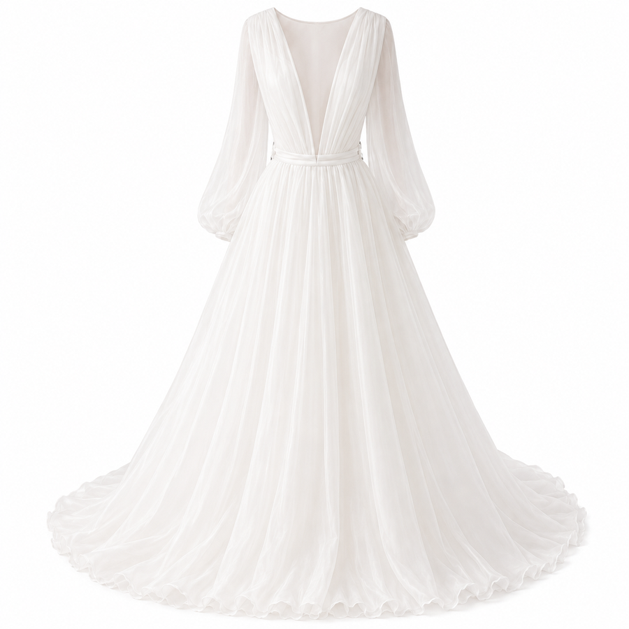 Ethereal Cross Back Chiffon Wedding Gown - Romantic Sheer Sleeve Bridal Maxi Dress