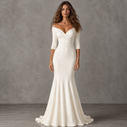 Ivory Off Shoulder Mermaid Wedding Dress - Elegant Sculpted Satin Bridal Gown