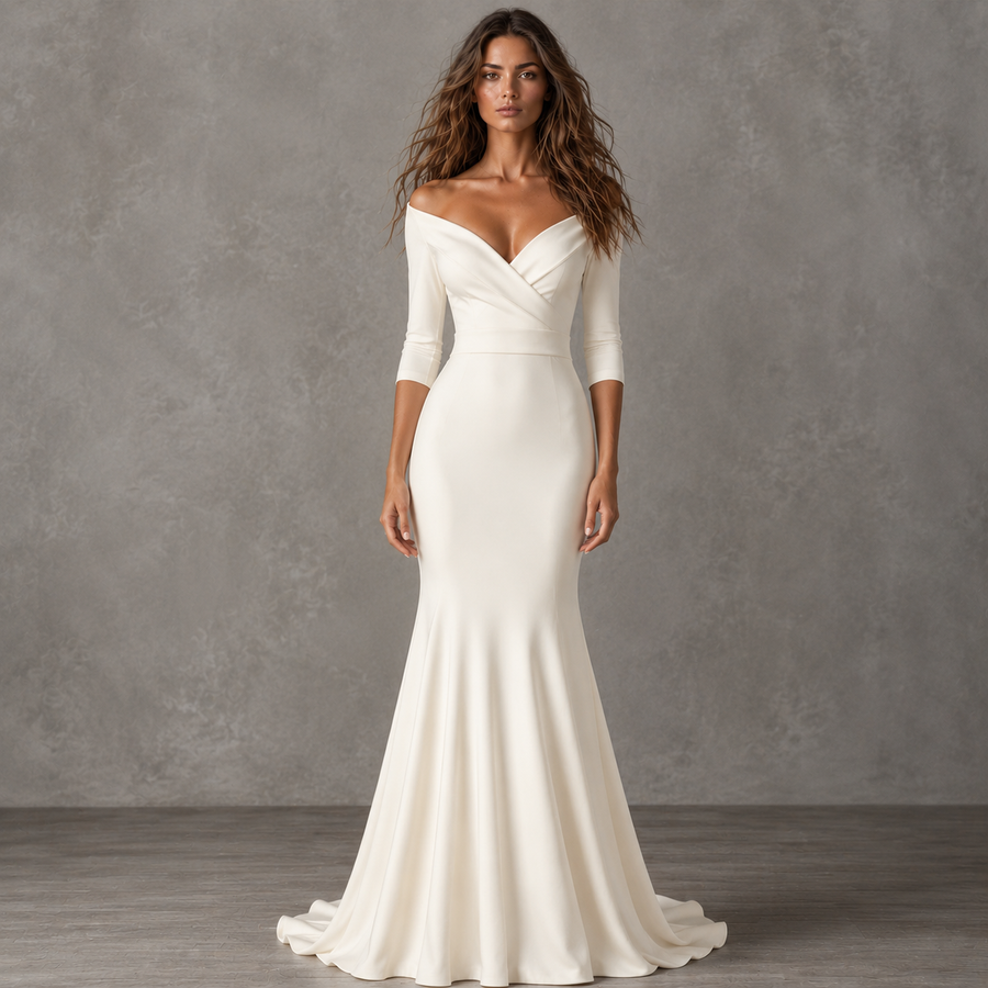 Ivory Off Shoulder Mermaid Wedding Dress - Elegant Sculpted Satin Bridal Gown