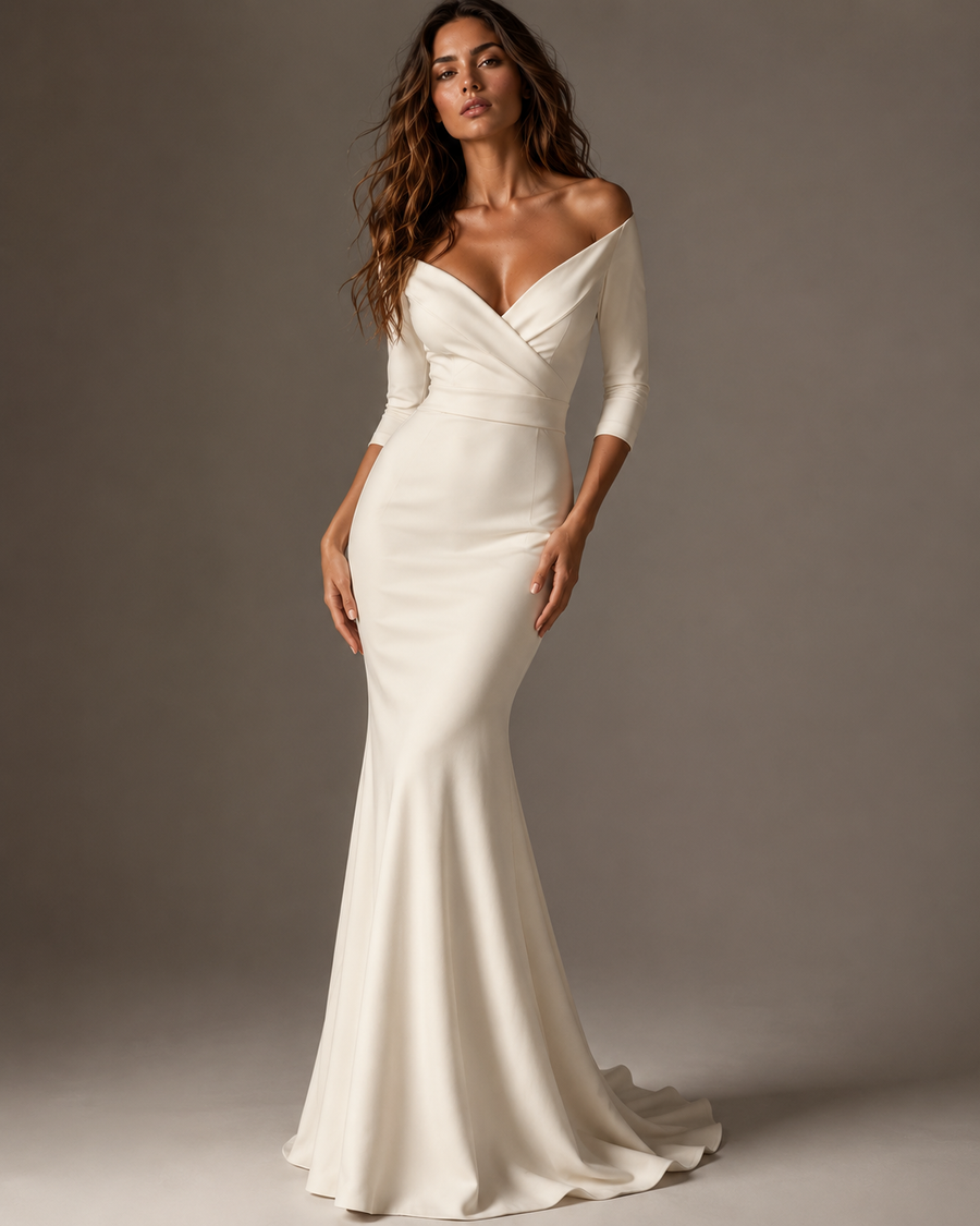 Ivory Off Shoulder Mermaid Wedding Dress - Elegant Sculpted Satin Bridal Gown