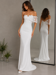 Ivory satin strapless off shoulder wedding dress with 3D floral appliqués and minimalist sheath silhouette