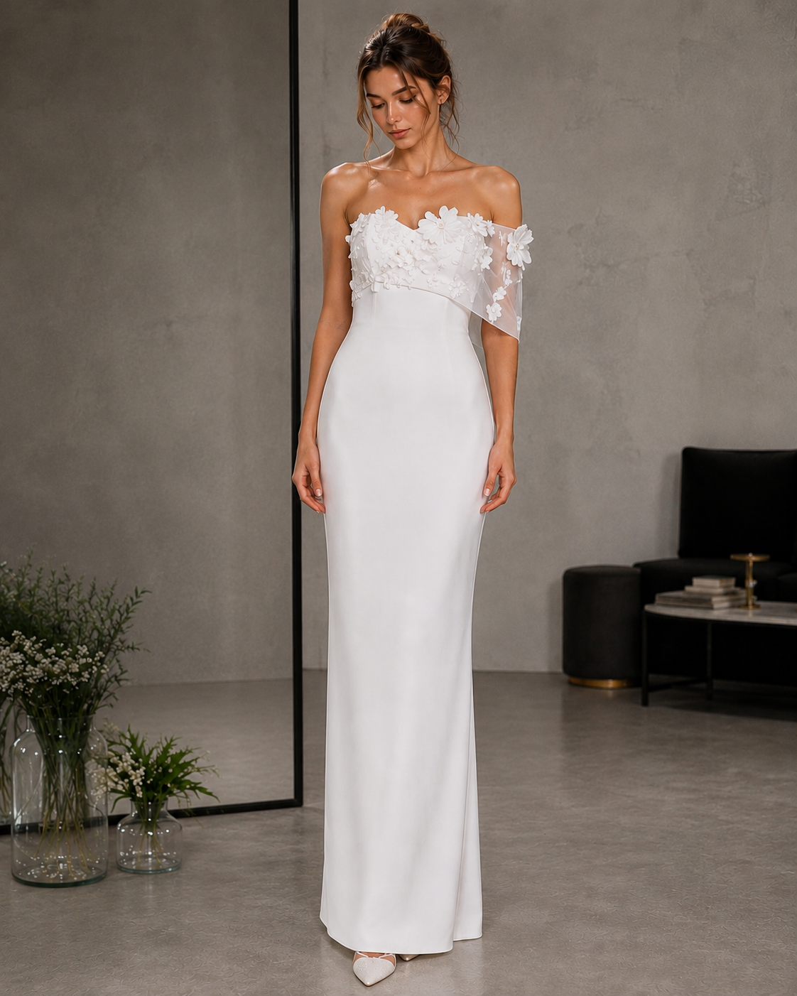Ivory satin strapless off shoulder wedding dress with 3D floral appliqués and minimalist sheath silhouette