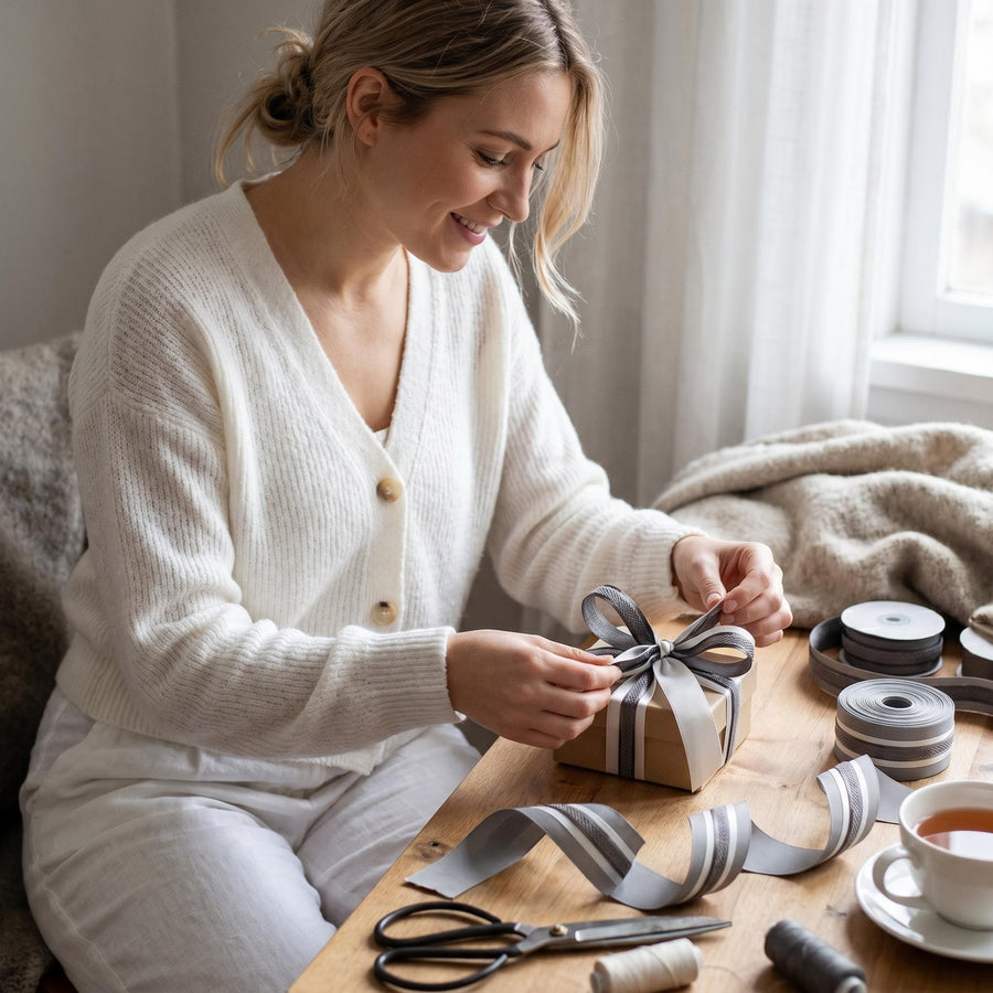 Elegant Grey & Cream Ribbon Trio Set – Luxury Grosgrain, Satin & Woven Decorative Ribbon Bundle for Fashion & Gift Styling