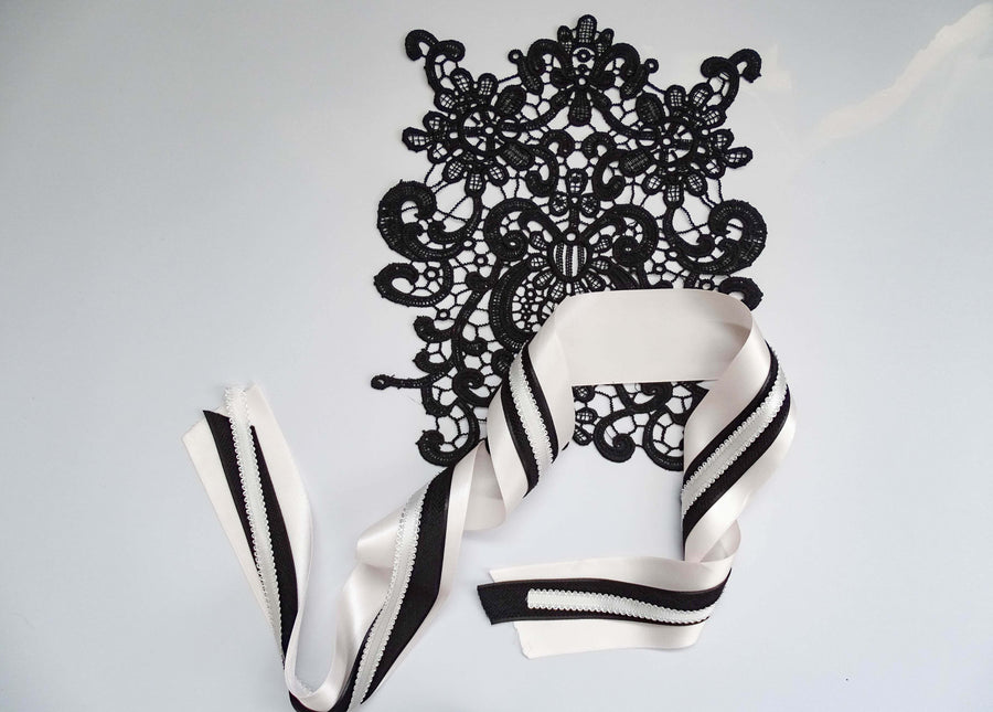 Vintage black lace and satin ribbon set with baby pink satin, black woven ribbon, and white vintage trim for elegant bows and wedding decor