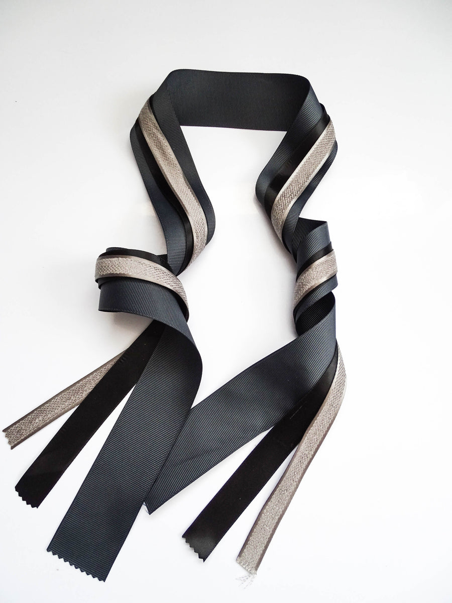 Elegant Charcoal & Black Ribbon Trio Set – Luxury Grosgrain Satin & Woven Decorative Ribbon Bundle