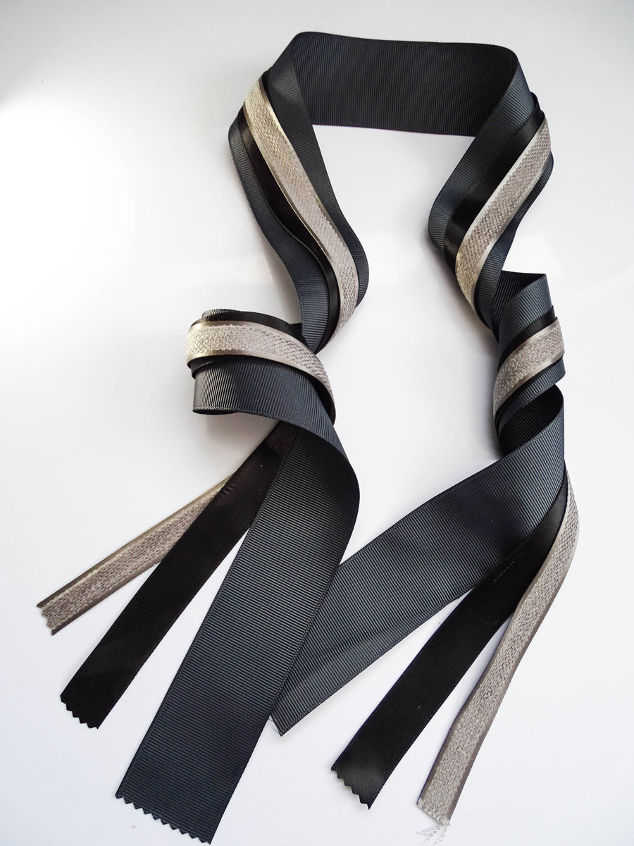 Elegant Charcoal & Black Ribbon Trio Set – Luxury Grosgrain Satin & Woven Decorative Ribbon Bundle