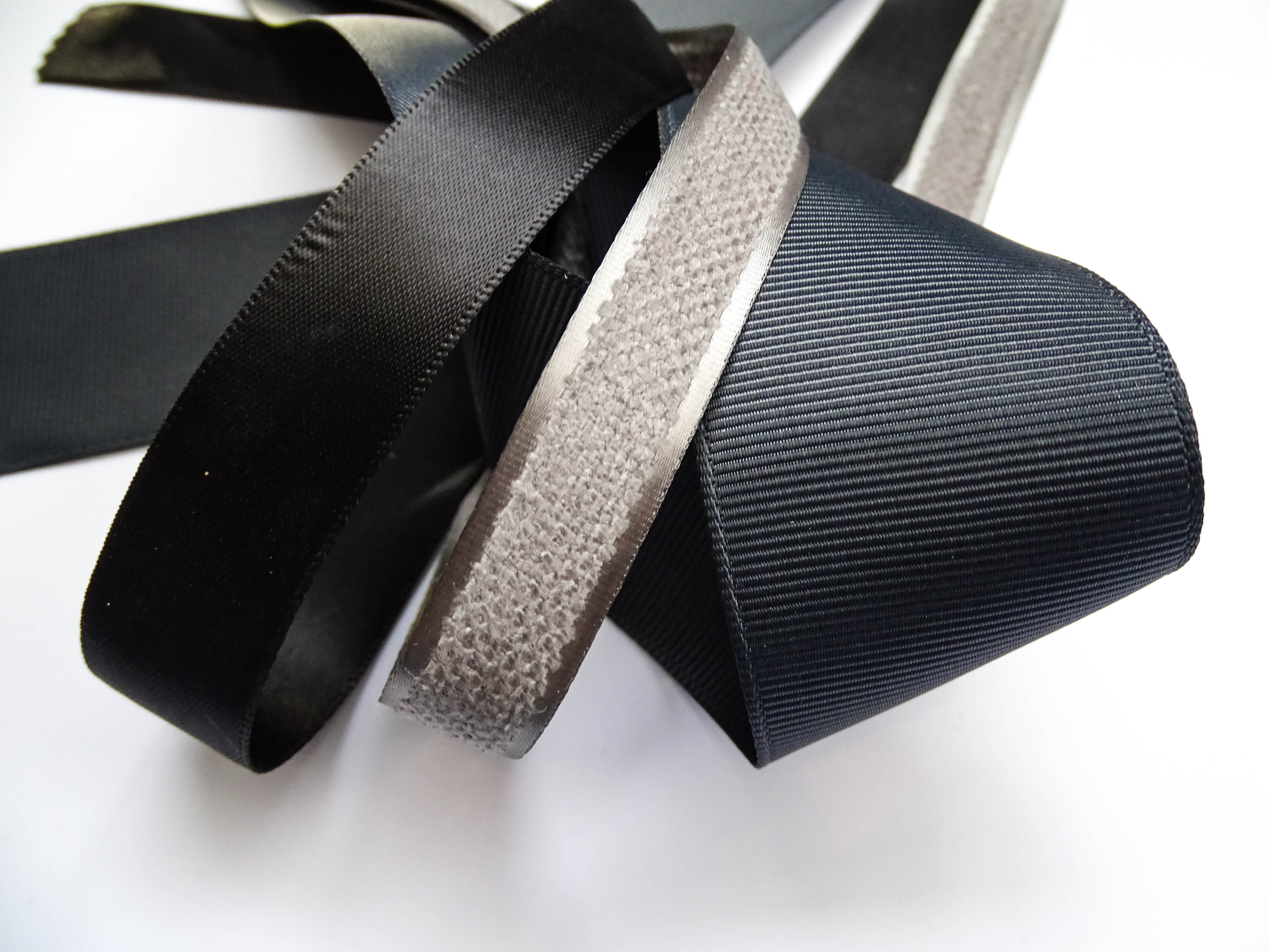Elegant Charcoal & Black Ribbon Trio Set – Luxury Grosgrain Satin & Woven Decorative Ribbon Bundle