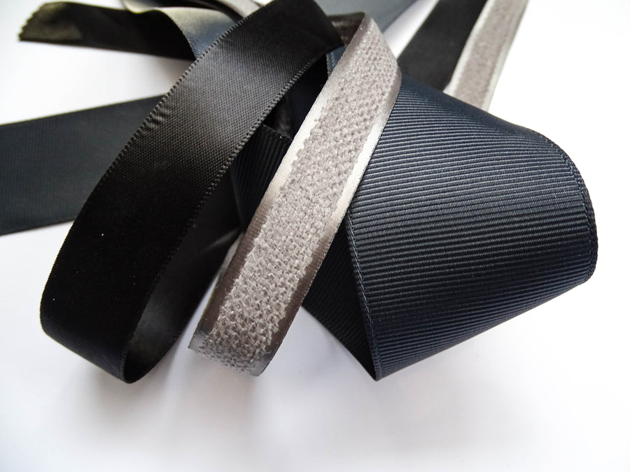 Elegant Charcoal & Black Ribbon Trio Set – Luxury Grosgrain Satin & Woven Decorative Ribbon Bundle