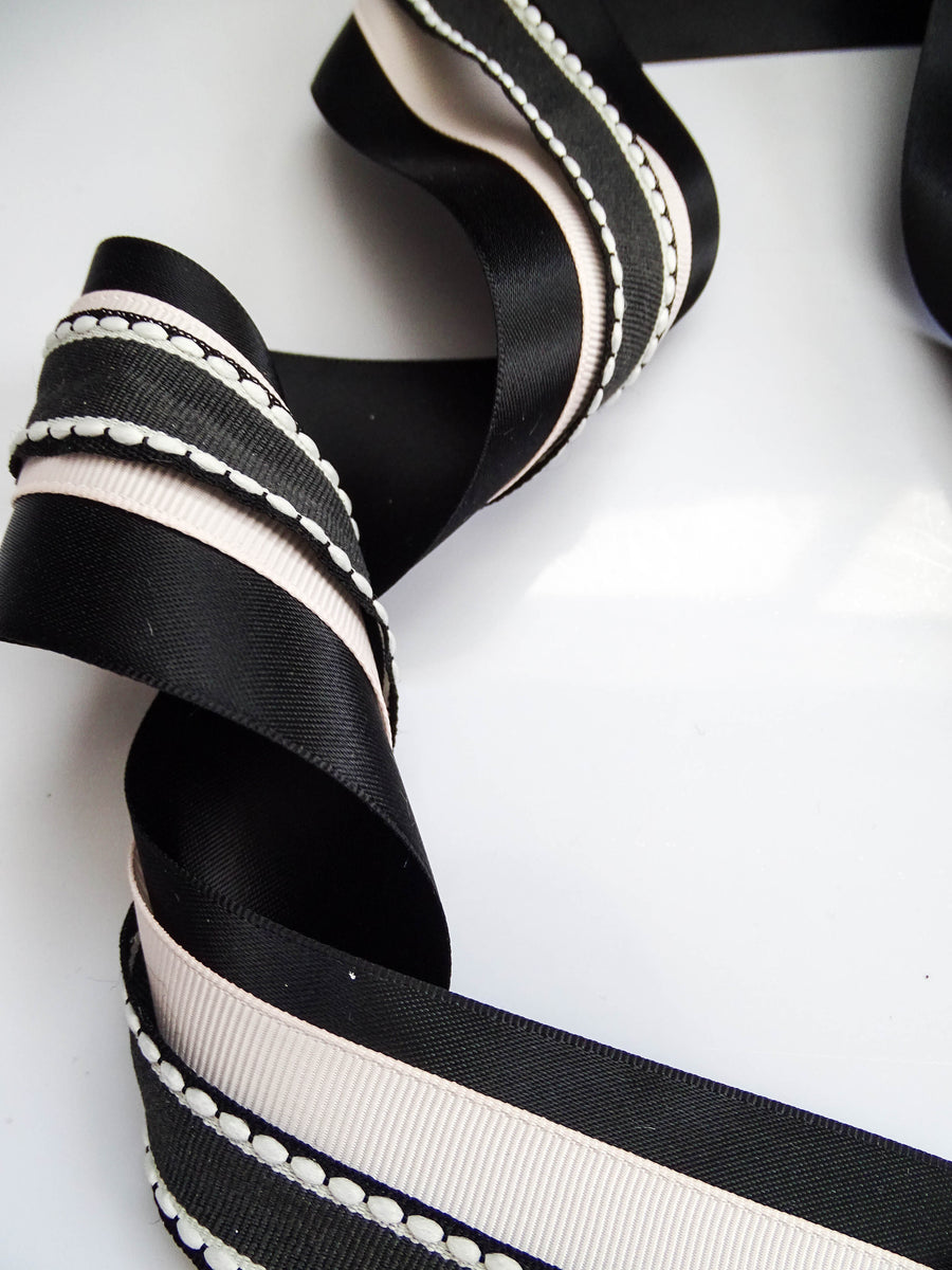 Elegant Black & Blush Pink Ribbon Trio Set – Luxury Satin, Grosgrain & Lace Decorative Ribbon Bundle