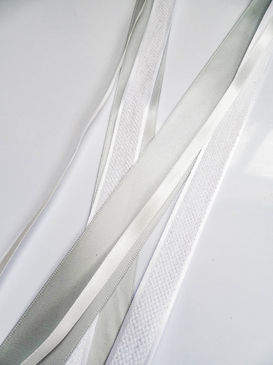 Elegant Silver & White Ribbon Trio Set – Luxury Satin & Woven Decorative Ribbon Bundle for Fashion & Gift Styling