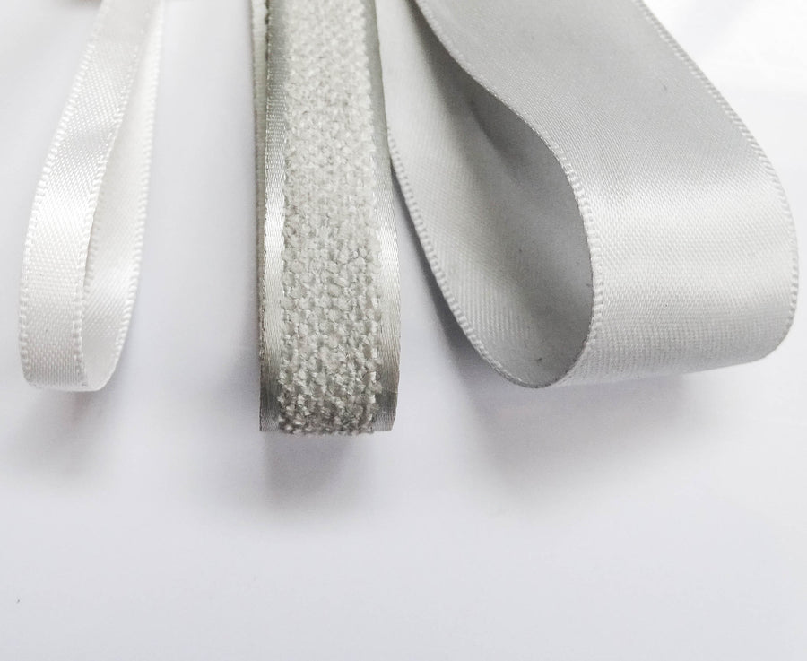 Elegant Silver & Grey Ribbon Trio Set – Luxury Satin & Woven Decorative Ribbon Bundle for Fashion & Gift Styling