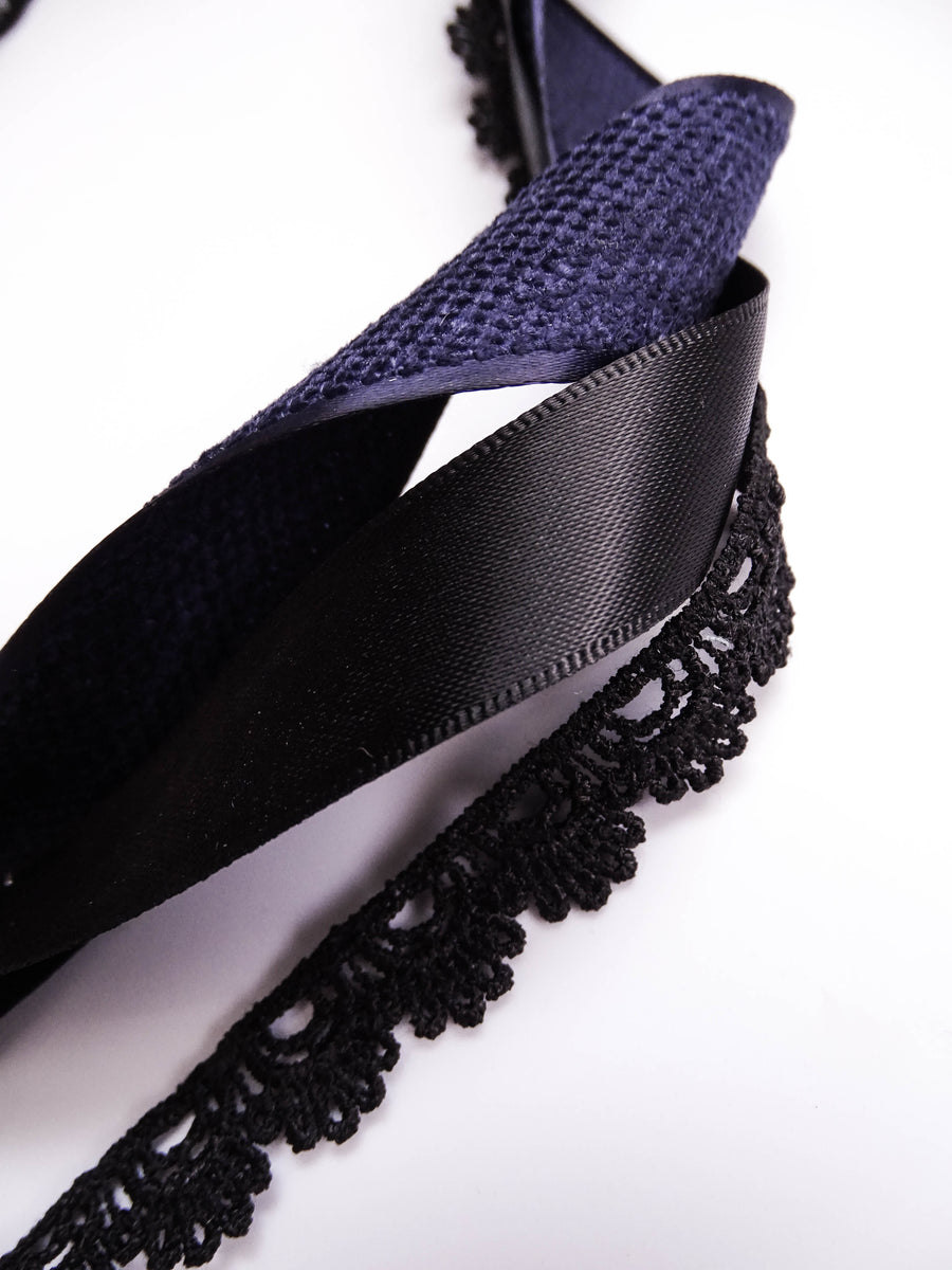 Elegant Silver Navy & Black Ribbon Trio Set – Luxury Woven Satin & Lace Decorative Ribbon Bundle