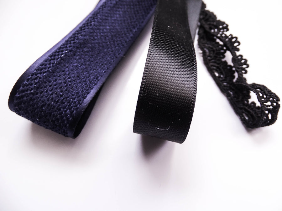 Elegant Silver Navy & Black Ribbon Trio Set – Luxury Woven Satin & Lace Decorative Ribbon Bundle