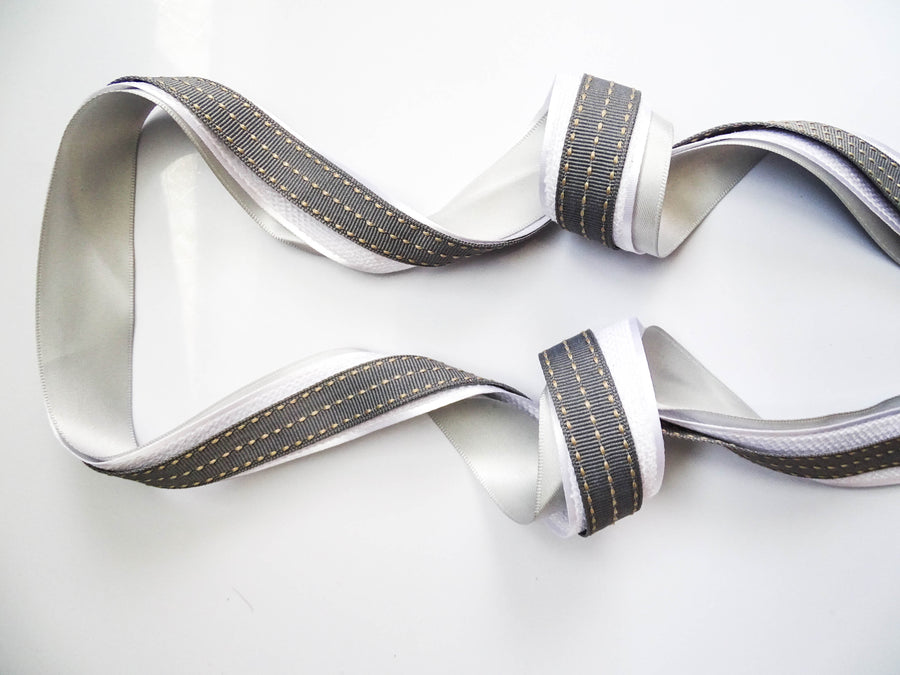 Elegant Silver, White & Grey Ribbon Trio Set – Luxury Satin, Woven & Grosgrain Decorative Ribbon Bundle