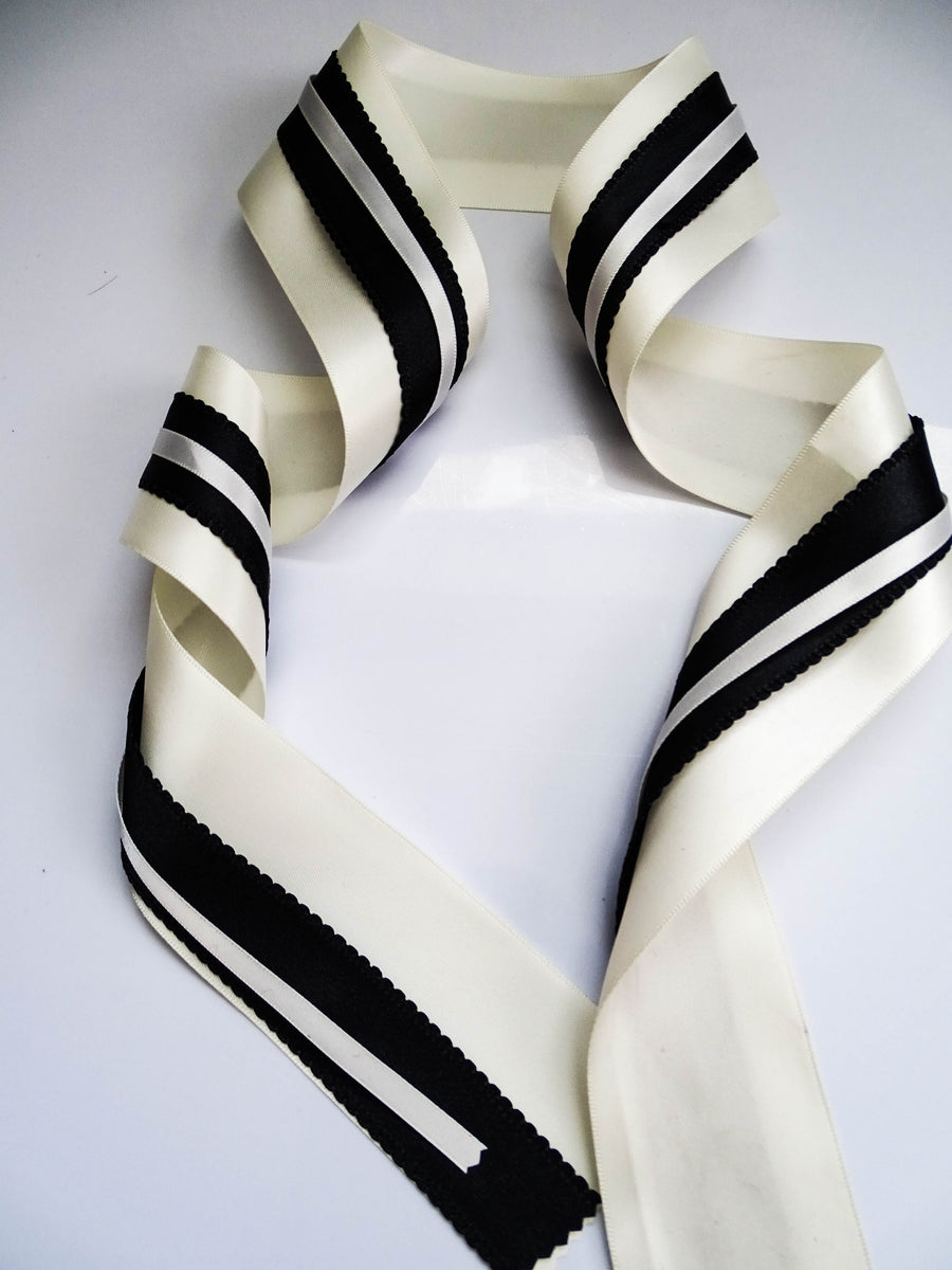 Elegant Cream Yellow & Black Lace Satin Ribbon Trio Set – Luxury Decorative Ribbon Bundle for Fashion & Gift Styling