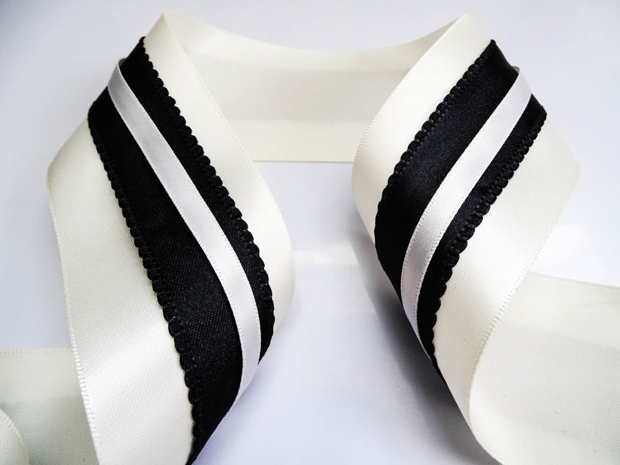 Elegant Cream Yellow & Black Lace Satin Ribbon Trio Set – Luxury Decorative Ribbon Bundle for Fashion & Gift Styling