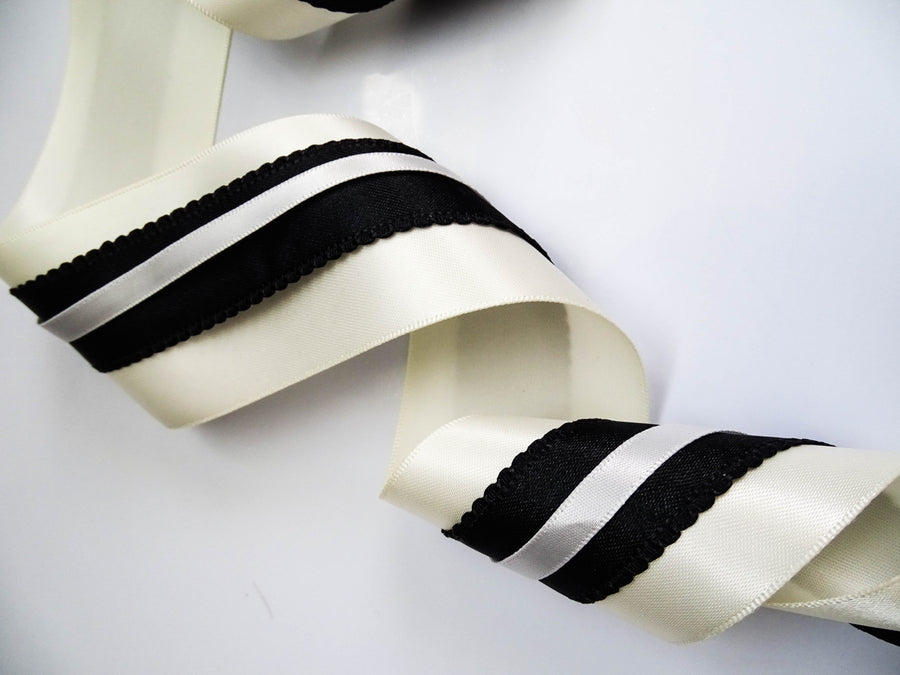 Elegant Cream Yellow & Black Lace Satin Ribbon Trio Set – Luxury Decorative Ribbon Bundle for Fashion & Gift Styling