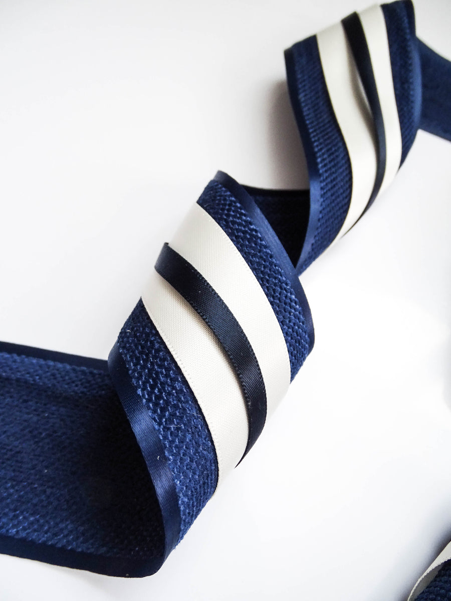 Elegant Navy & Cream Ribbon Trio Set – Luxury Woven & Satin Decorative Ribbon Bundle for Fashion & Gift Styling