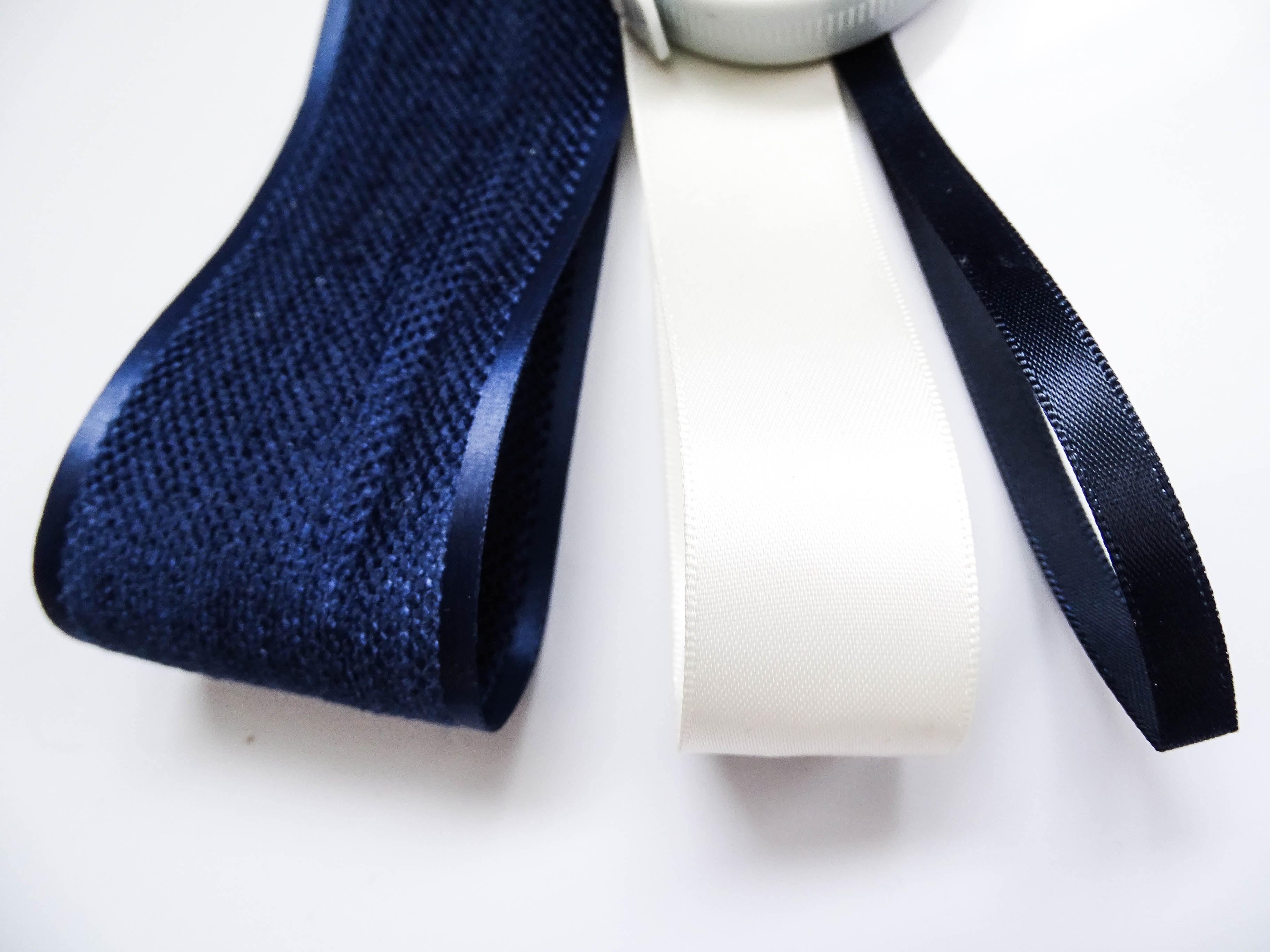 Elegant Navy & Cream Ribbon Trio Set – Luxury Woven & Satin Decorative Ribbon Bundle for Fashion & Gift Styling